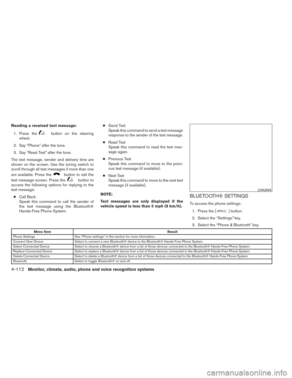 NISSAN ALTIMA 2014 L33 / 5.G Owners Manual Reading a received text message:1. Press the
button on the steering
wheel.
2. Say “Phone” after the tone.
3. Say “Read Text” after the tone.
The text message, sender and delivery time are
show NISSAN ALTIMA 2014 L33 / 5.G Owners Manual Reading a received text message:1. Press the
button on the steering
wheel.
2. Say “Phone” after the tone.
3. Say “Read Text” after the tone.
The text message, sender and delivery time are
show