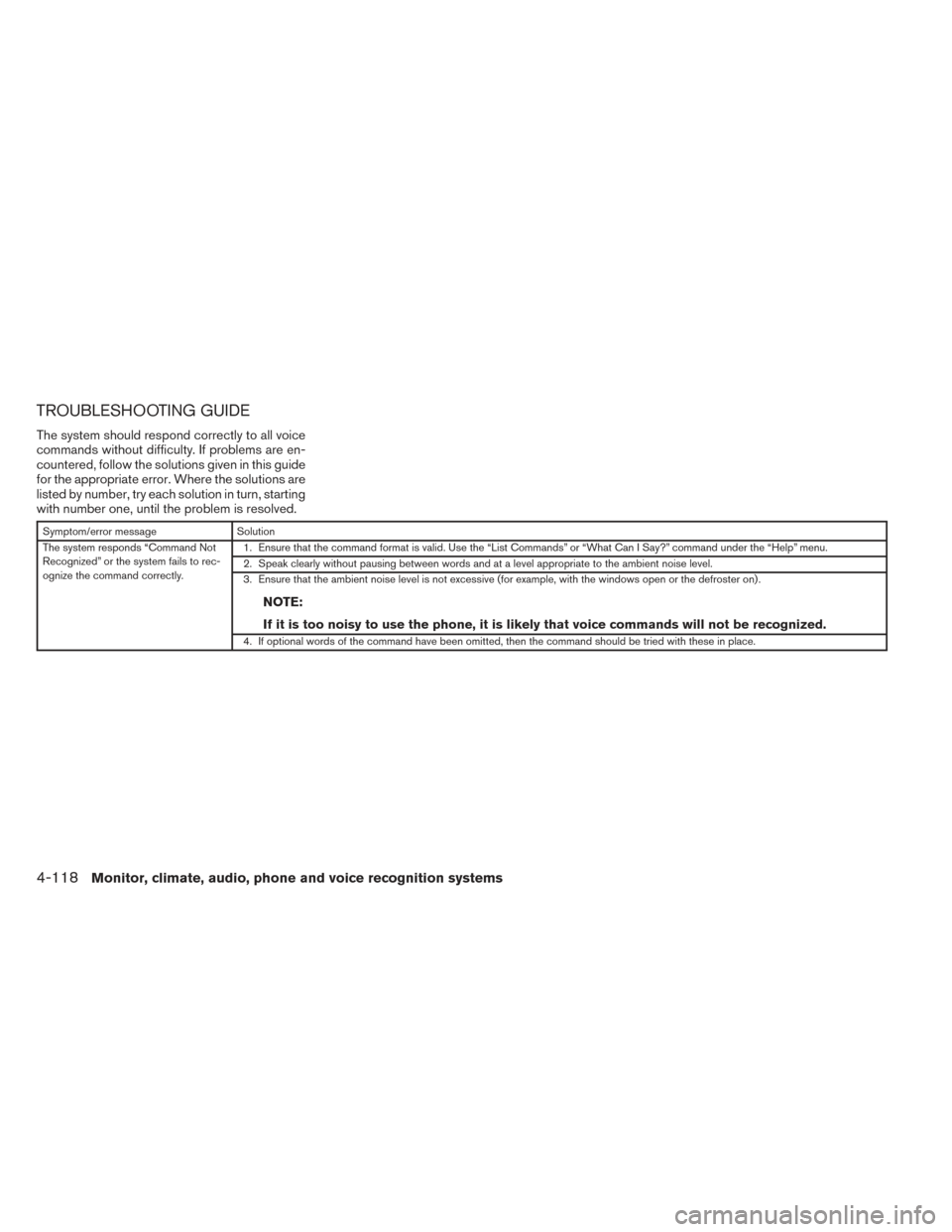 NISSAN ALTIMA 2014 L33 / 5.G Owners Manual TROUBLESHOOTING GUIDE
The system should respond correctly to all voice
commands without difficulty. If problems are en-
countered, follow the solutions given in this guide
for the appropriate error. W NISSAN ALTIMA 2014 L33 / 5.G Owners Manual TROUBLESHOOTING GUIDE
The system should respond correctly to all voice
commands without difficulty. If problems are en-
countered, follow the solutions given in this guide
for the appropriate error. W