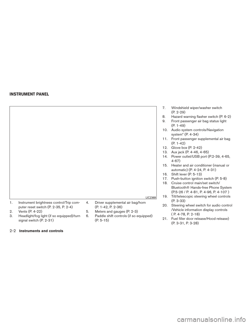 NISSAN ALTIMA 2014 L33 / 5.G Owners Manual 1. Instrument brightness control/Trip com-puter reset switch (P. 2-35, P. 2-4)
2. Vents (P. 4-22)
3. Headlight/fog light (if so equipped)/turn
signal switch (P. 2-31) 4. Driver supplemental air bag/ho