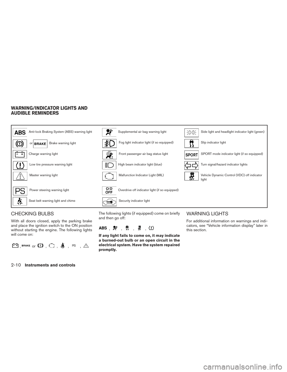 NISSAN ALTIMA 2014 L33 / 5.G Manual Online Anti-lock Braking System (ABS) warning lightSupplemental air bag warning lightSide light and headlight indicator light (green)
orBrake warning lightFog light indicator light (if so equipped)Slip indic