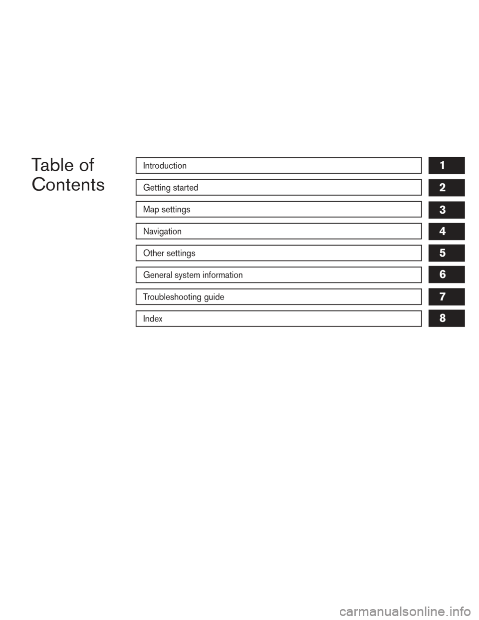 NISSAN FRONTIER 2014 D23 / 3.G LC2 Kai Navigation Manual Table of
ContentsIntroduction
Getting started
Map settings
Navigation
Other settings
General system information
Troubleshooting guide
Index
1
2
3
4
5
6
7
8 