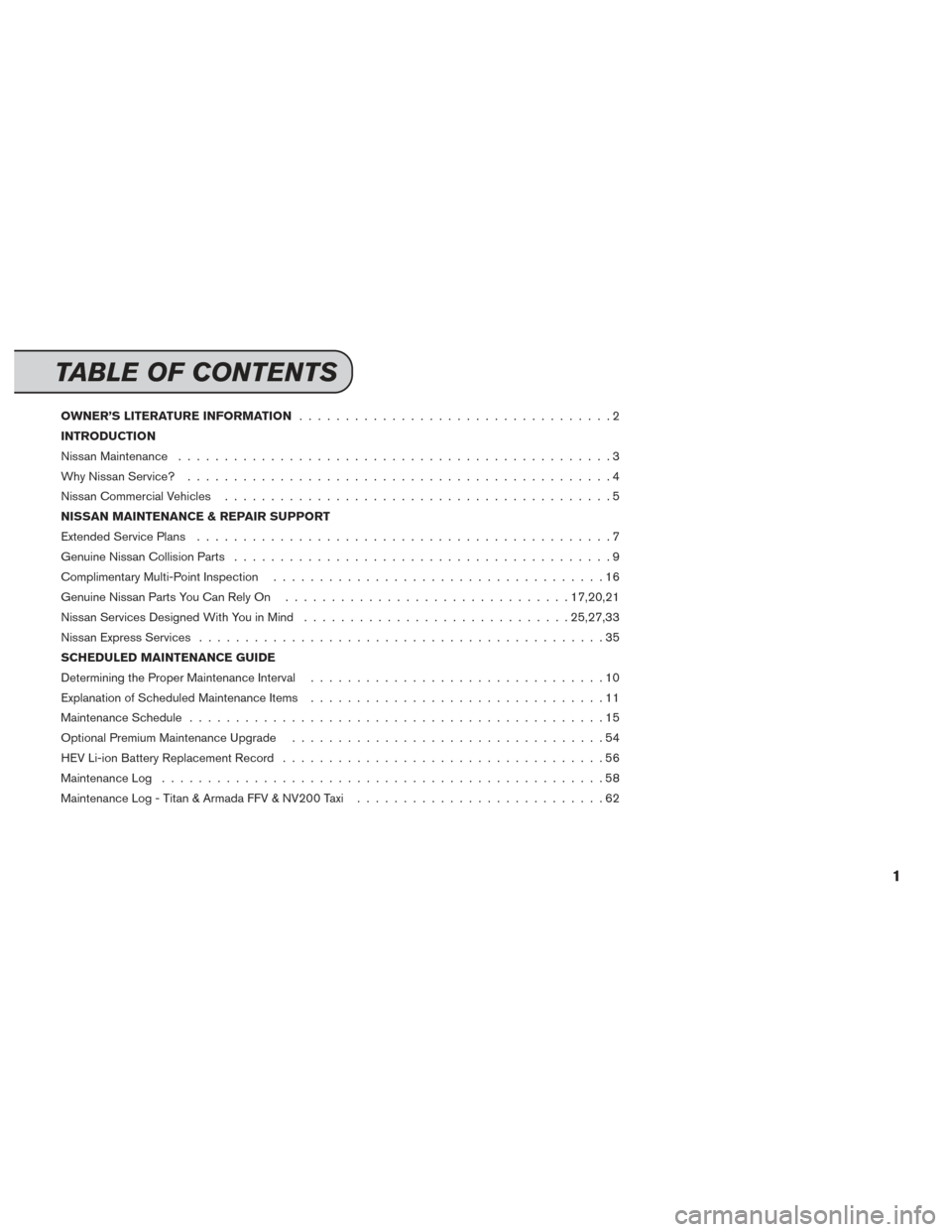 NISSAN ARMADA 2014 1.G Service And Maintenance Guide OWNER’S LITERATURE INFORMATION..................................2
INTRODUCTION
Nissan Maintenance ...............................................3
Why Nissan Service? ...............................