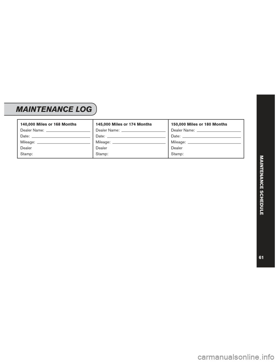 NISSAN ALTIMA 2014 L33 / 5.G Service And Maintenance Guide 140,000 Miles or 168 Months
Dealer Name:
Date:
Mileage:
Dealer
Stamp:145,000 Miles or 174 Months
Dealer Name:
Date:
Mileage:
Dealer
Stamp:150,000 Miles or 180 Months
Dealer Name:
Date:
Mileage:
Dealer