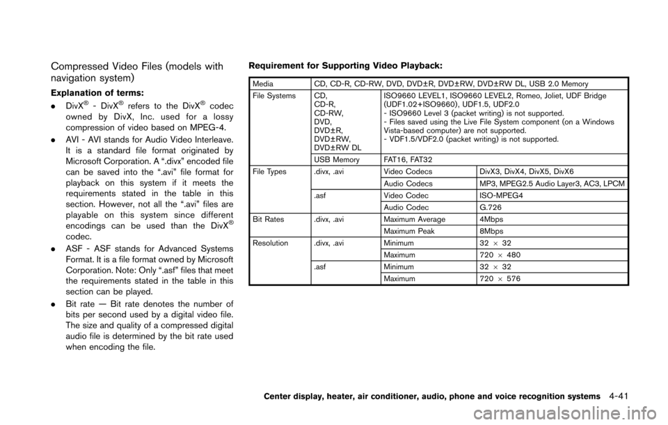 NISSAN 370Z COUPE 2014 Z34 Owners Manual Compressed Video Files (models with
navigation system)
Explanation of terms:
.DivX®- DivX®refers to the DivX®codec
owned by DivX, Inc. used for a lossy
compression of video based on MPEG-4.
. AVI - NISSAN 370Z COUPE 2014 Z34 Owners Manual Compressed Video Files (models with
navigation system)
Explanation of terms:
.DivX®- DivX®refers to the DivX®codec
owned by DivX, Inc. used for a lossy
compression of video based on MPEG-4.
. AVI -
