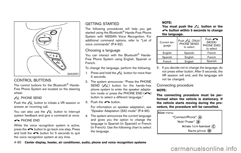NISSAN 370Z COUPE 2014 Z34 Owners Manual 4-90Center display, heater, air conditioner, audio, phone and voice recognition systems
SAA2557
CONTROL BUTTONS
The control buttons for the Bluetooth®Hands-
Free Phone System are located on the steer