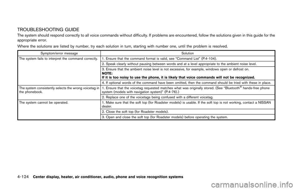 NISSAN 370Z COUPE 2014 Z34 User Guide 4-124Center display, heater, air conditioner, audio, phone and voice recognition systems
TROUBLESHOOTING GUIDE
The system should respond correctly to all voice commands without difficulty. If problems