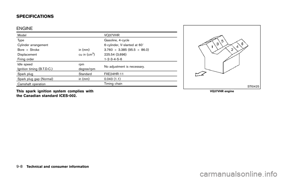 NISSAN 370Z COUPE 2014 Z34 Owners Manual 9-8Technical and consumer information
ENGINE
ModelVQ37VHR
Type Gasoline, 4-cycle
Cylinder arrangement 6-cylinder, V-slanted at 608
Bore 6Stroke in (mm) 3.76063.385 (95.5 686.0)
Displacement cu in (cm
