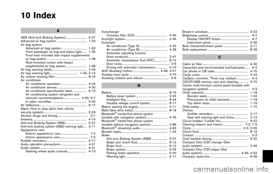 NISSAN 370Z COUPE 2014 Z34 User Guide 10 Index
A
ABS (Anti-lock Braking System) ............................ 5-27
Advanced air bag system ......................................... 1-33
Air bag systemAdvanced air bag system ...............