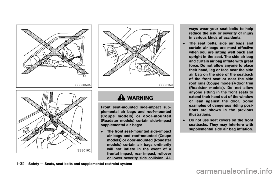 NISSAN 370Z COUPE 2014 Z34 Workshop Manual 1-32Safety — Seats, seat belts and supplemental restraint system
SSS0059A
SSS0162
SSS0159
WARNING
Front seat-mounted side-impact sup-
plemental air bags and roof-mounted
(Coupe models) or door-mount