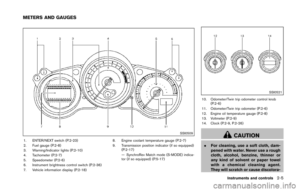 NISSAN 370Z COUPE 2014 Z34 Repair Manual SSI0509
1. ENTER/NEXT switch (P.2-23)
2. Fuel gauge (P.2-8)
3. Warning/Indicator lights (P.2-10)
4. Tachometer (P.2-7)
5. Speedometer (P.2-6)
6. Instrument brightness control switch (P.2-36)
7. Vehicl