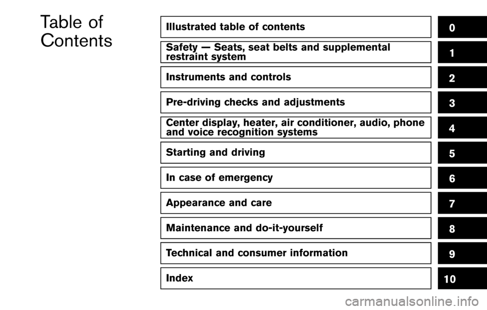 NISSAN 370Z COUPE 2014 Z34 Owners Manual Illustrated table of contents0
Safety — Seats, seat belts and supplemental
restraint system1
Instruments and controls
Pre-driving checks and adjustments
Center display, heater, air conditioner, audi