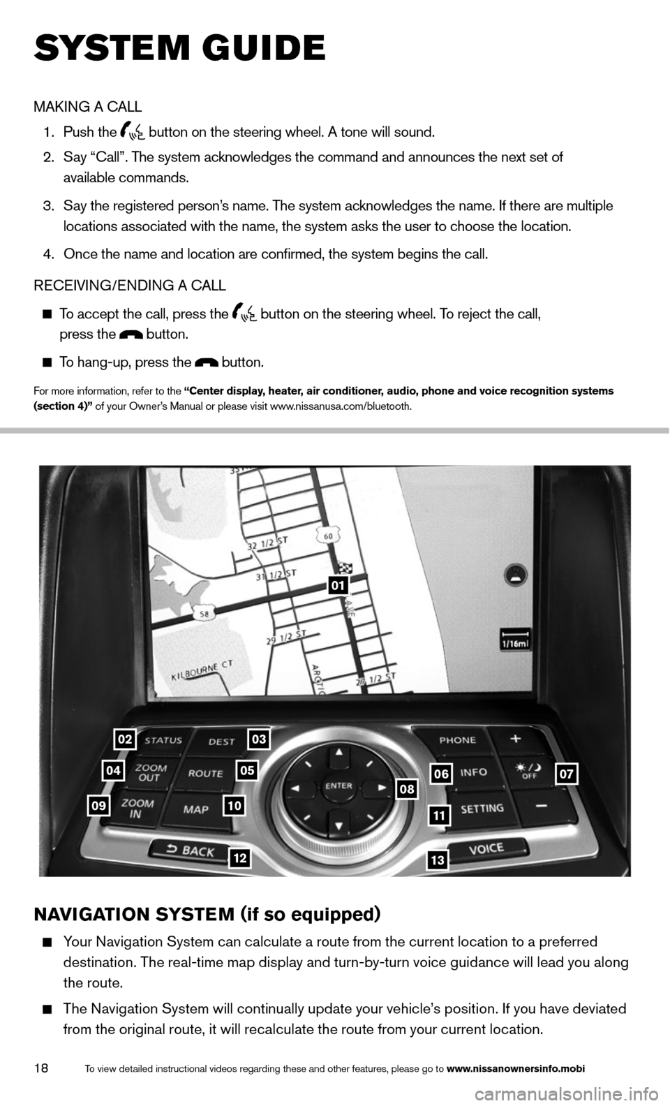 NISSAN 370Z COUPE 2014 Z34 Quick Reference Guide 18
01
0203
0405060708091011
1213
NAVIGATION SYSTEM (if so equipped)
     Your Navigation System can calculate a route from the current location to a preferred 
destination. The real-time map display a