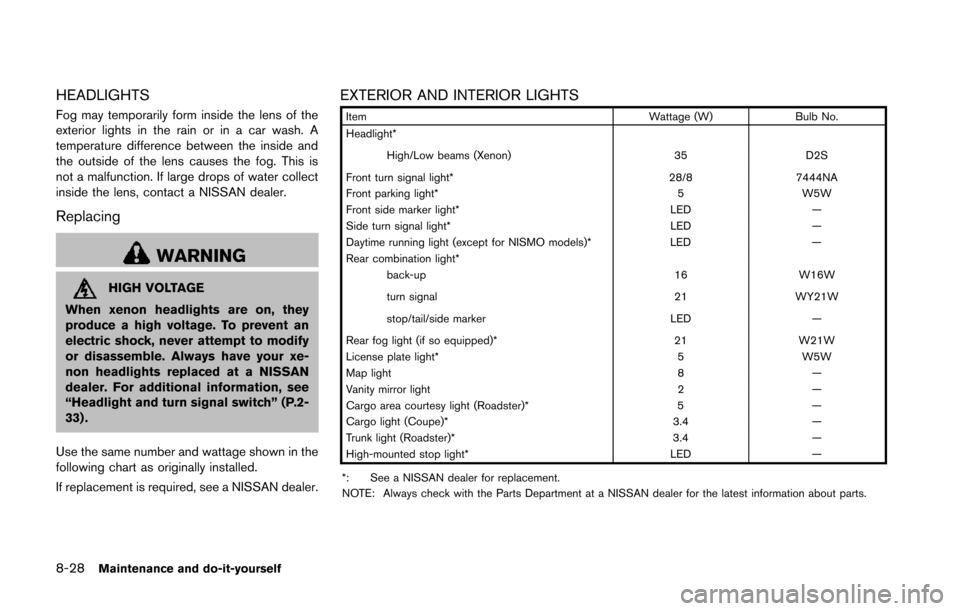 NISSAN 370Z ROADSTER 2014 Z34 Owners Manual 8-28Maintenance and do-it-yourself
HEADLIGHTS
Fog may temporarily form inside the lens of the
exterior lights in the rain or in a car wash. A
temperature difference between the inside and
the outside NISSAN 370Z ROADSTER 2014 Z34 Owners Manual 8-28Maintenance and do-it-yourself
HEADLIGHTS
Fog may temporarily form inside the lens of the
exterior lights in the rain or in a car wash. A
temperature difference between the inside and
the outside