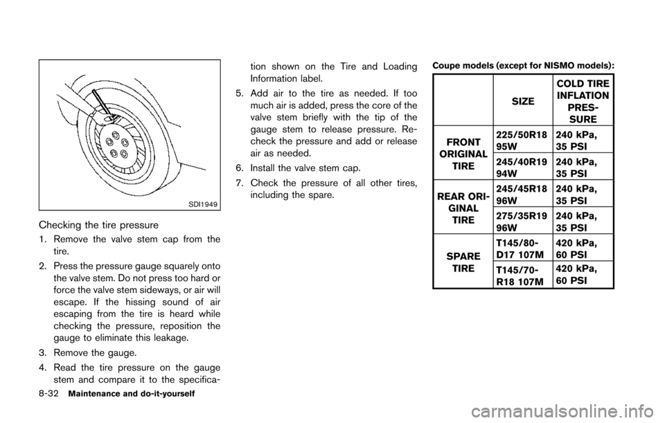 NISSAN 370Z ROADSTER 2014 Z34 Owners Manual 8-32Maintenance and do-it-yourself
SDI1949
Checking the tire pressure
1. Remove the valve stem cap from thetire.
2. Press the pressure gauge squarely onto the valve stem. Do not press too hard or
forc NISSAN 370Z ROADSTER 2014 Z34 Owners Manual 8-32Maintenance and do-it-yourself
SDI1949
Checking the tire pressure
1. Remove the valve stem cap from thetire.
2. Press the pressure gauge squarely onto the valve stem. Do not press too hard or
forc