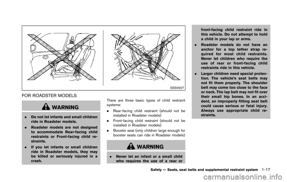 NISSAN 370Z ROADSTER 2014 Z34 Owners Guide SSS0927
FOR ROADSTER MODELS
WARNING
.Do not let infants and small children
ride in Roadster models.
. Roadster models are not designed
to accommodate Rear-facing child
restraints or Front-facing child NISSAN 370Z ROADSTER 2014 Z34 Owners Guide SSS0927
FOR ROADSTER MODELS
WARNING
.Do not let infants and small children
ride in Roadster models.
. Roadster models are not designed
to accommodate Rear-facing child
restraints or Front-facing child