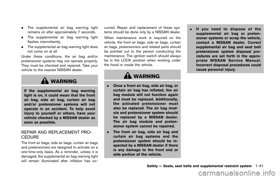 NISSAN 370Z ROADSTER 2014 Z34 Repair Manual .The supplemental air bag warning light
remains on after approximately 7 seconds.
. The supplemental air bag warning light
flashes intermittently.
. The supplemental air bag warning light does
not com NISSAN 370Z ROADSTER 2014 Z34 Repair Manual .The supplemental air bag warning light
remains on after approximately 7 seconds.
. The supplemental air bag warning light
flashes intermittently.
. The supplemental air bag warning light does
not com