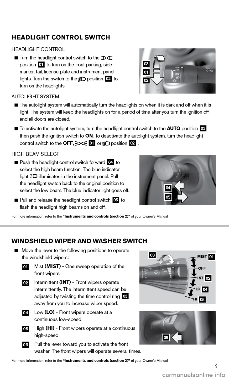 NISSAN 370Z ROADSTER 2014 Z34 Quick Reference Guide 9
WINDSHIELD WIPER AND WASHER SWITCH
Move the lever to the following positions to operate
the windshield wipers:
01 Mist (MIST) - One sweep operation of the
front wipers.
02 Inte NISSAN 370Z ROADSTER 2014 Z34 Quick Reference Guide 9
WINDSHIELD WIPER AND WASHER SWITCH
Move the lever to the following positions to operate
the windshield wipers:
01 Mist (MIST) - One sweep operation of the
front wipers.
02 Inte