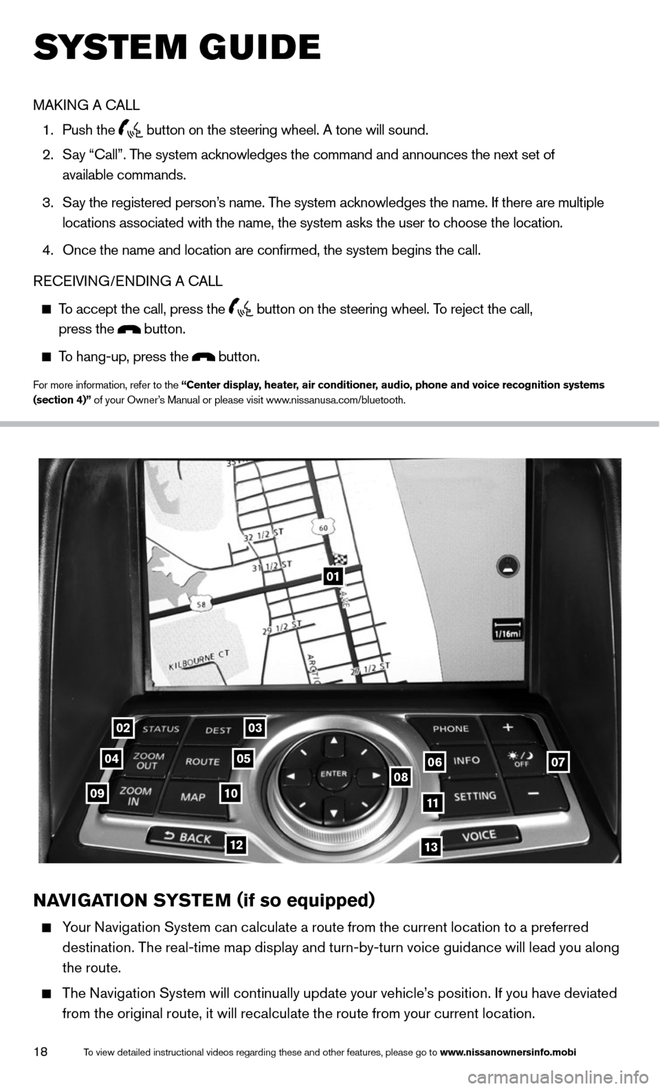 NISSAN 370Z ROADSTER 2014 Z34 Quick Reference Guide 18
01
0203
0405060708091011
1213
NAVIGATION SYSTEM (if so equipped)
Your Navigation System can calculate a route from the current location to a preferred
destination. The real-time map display a NISSAN 370Z ROADSTER 2014 Z34 Quick Reference Guide 18
01
0203
0405060708091011
1213
NAVIGATION SYSTEM (if so equipped)
Your Navigation System can calculate a route from the current location to a preferred
destination. The real-time map display a