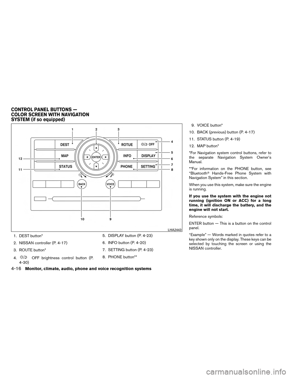 NISSAN ARMADA 2014 1.G Owners Manual 1. DEST button*
2. NISSAN controller (P. 4-17)
3. ROUTE button*
4.
OFF brightness control button (P.
4-30) 5. DISPLAY button (P. 4-23)
6. INFO button (P. 4-20)
7. SETTING button (P. 4-23)
8. PHONE but