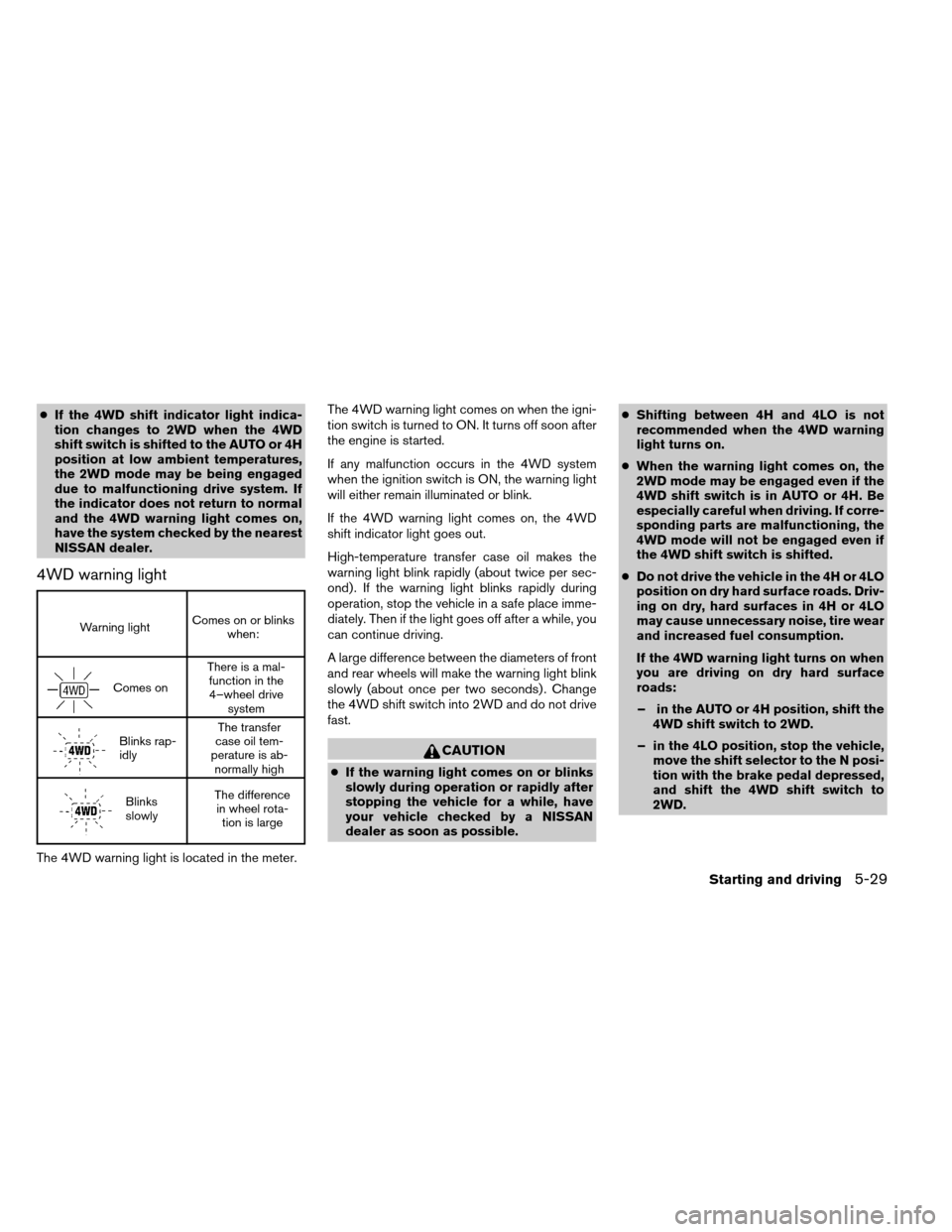 NISSAN ARMADA 2014 1.G User Guide ●If the 4WD shift indicator light indica-
tion changes to 2WD when the 4WD
shift switch is shifted to the AUTO or 4H
position at low ambient temperatures,
the 2WD mode may be being engaged
due to ma