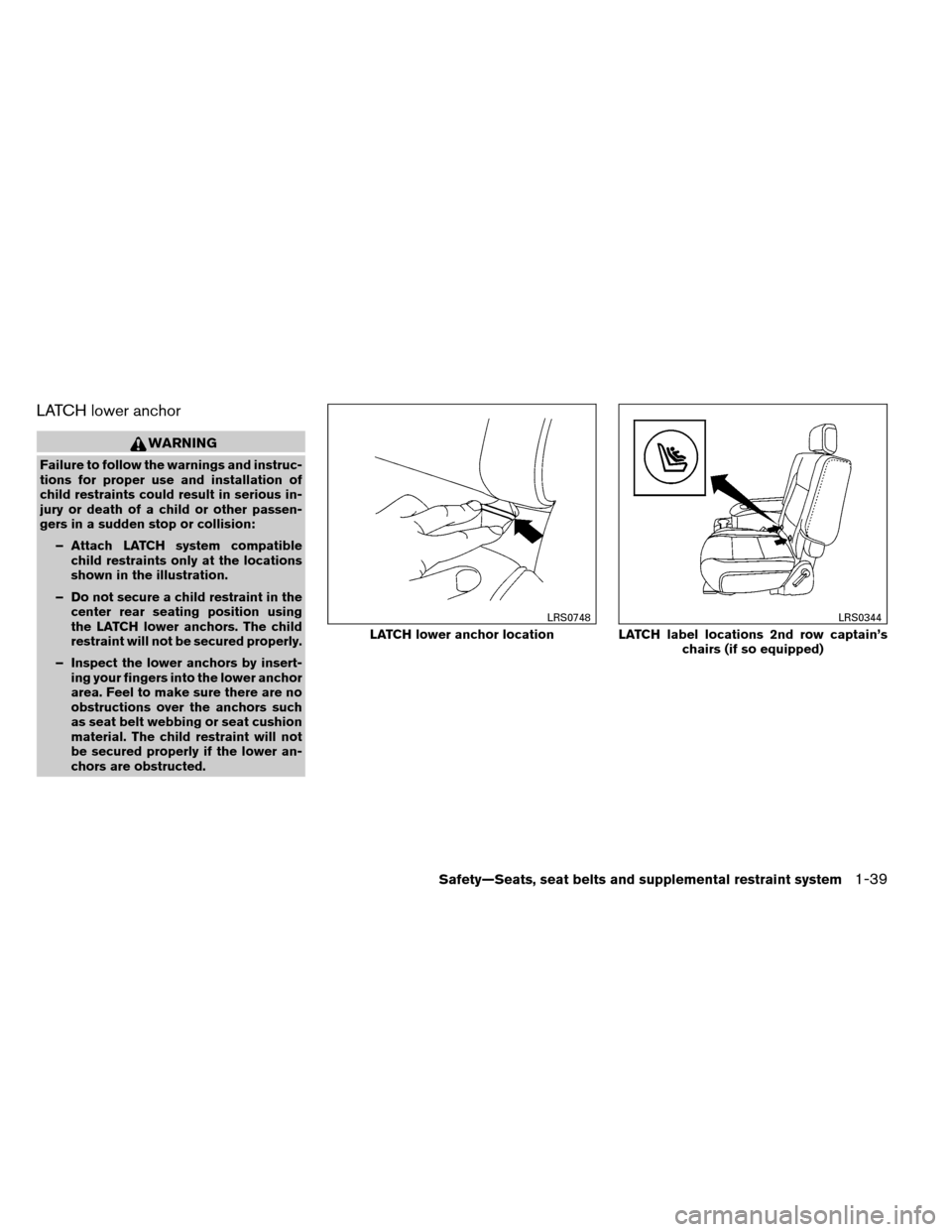 NISSAN ARMADA 2014 1.G Workshop Manual LATCH lower anchor
WARNING
Failure to follow the warnings and instruc-
tions for proper use and installation of
child restraints could result in serious in-
jury or death of a child or other passen-
g