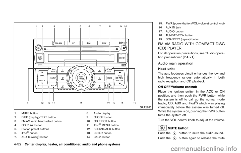 NISSAN CUBE 2014 3.G Owners Manual 4-32Center display, heater, air conditioner, audio and phone systems
SAA2782
1. MUTE button
2. DISP (display)/TEXT button
3. FM·AM radio band select button
4. CD PLAY button
5. Station preset buttons