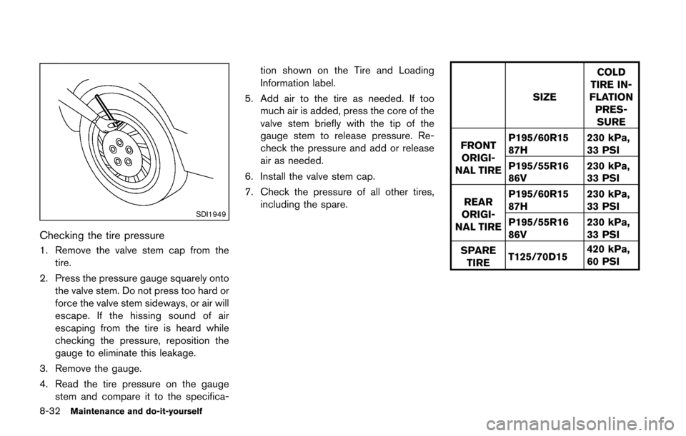 NISSAN CUBE 2014 3.G Owners Manual 8-32Maintenance and do-it-yourself
SDI1949
Checking the tire pressure
1. Remove the valve stem cap from thetire.
2. Press the pressure gauge squarely onto the valve stem. Do not press too hard or
forc