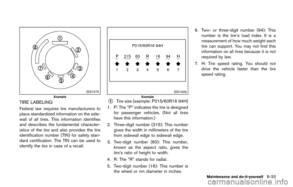 NISSAN CUBE 2014 3.G Owners Manual SDI1575Example
TIRE LABELING
Federal law requires tire manufacturers to
place standardized information on the side-
wall of all tires. This information identifies
and describes the fundamental charact