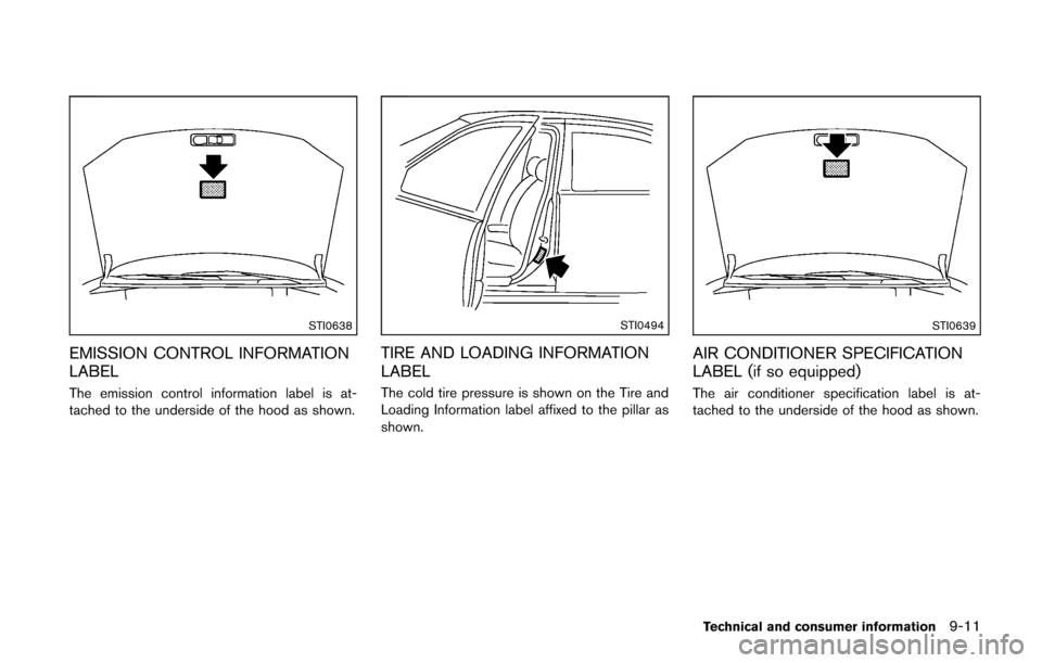 NISSAN CUBE 2014 3.G Owners Manual STI0638
EMISSION CONTROL INFORMATION
LABEL
The emission control information label is at-
tached to the underside of the hood as shown.
STI0494
TIRE AND LOADING INFORMATION
LABEL
The cold tire pressure