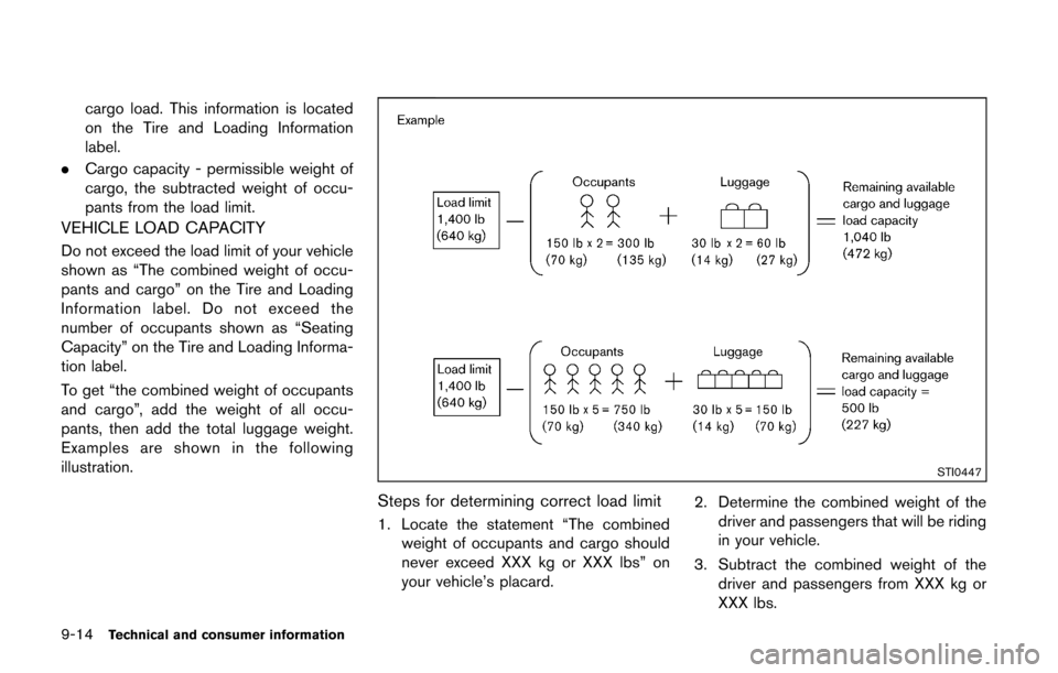 NISSAN CUBE 2014 3.G Owners Manual 9-14Technical and consumer information
cargo load. This information is located
on the Tire and Loading Information
label.
. Cargo capacity - permissible weight of
cargo, the subtracted weight of occu-