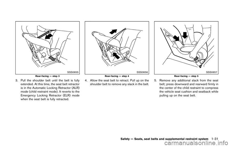 NISSAN CUBE 2014 3.G Service Manual SSS0655Rear-facing — step 3
3. Pull the shoulder belt until the belt is fullyextended. At this time, the seat belt retractor
is in the Automatic Locking Retractor (ALR)
mode (child restraint mode) .