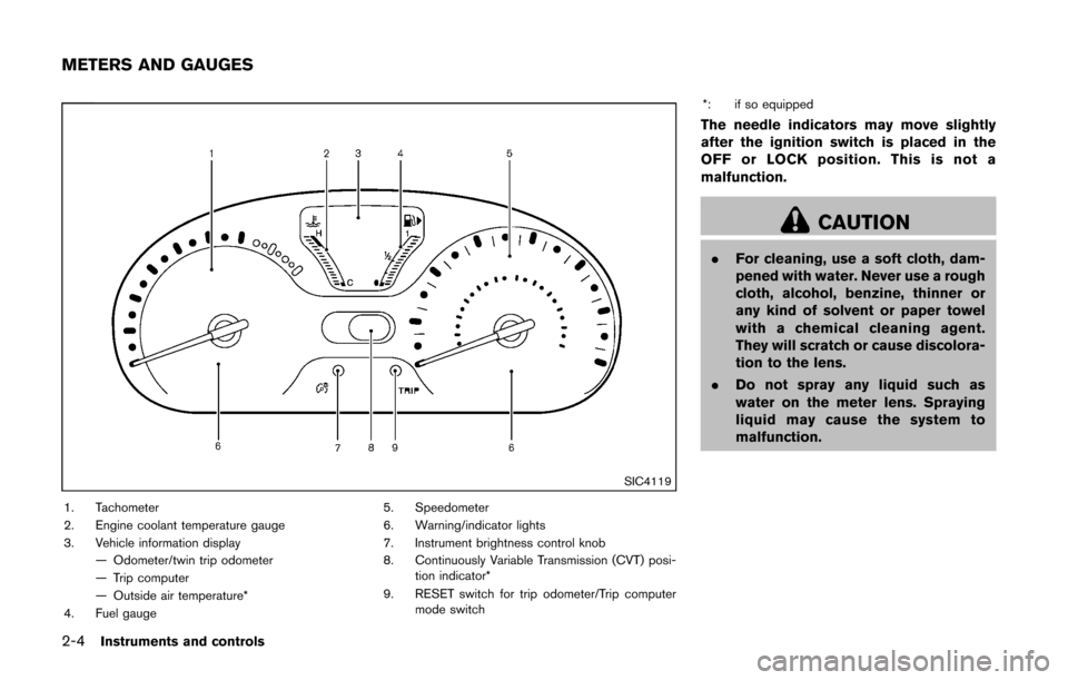 NISSAN CUBE 2014 3.G Manual PDF 2-4Instruments and controls
SIC4119
1. Tachometer
2. Engine coolant temperature gauge
3. Vehicle information display— Odometer/twin trip odometer
— Trip computer
— Outside air temperature*
4. Fu