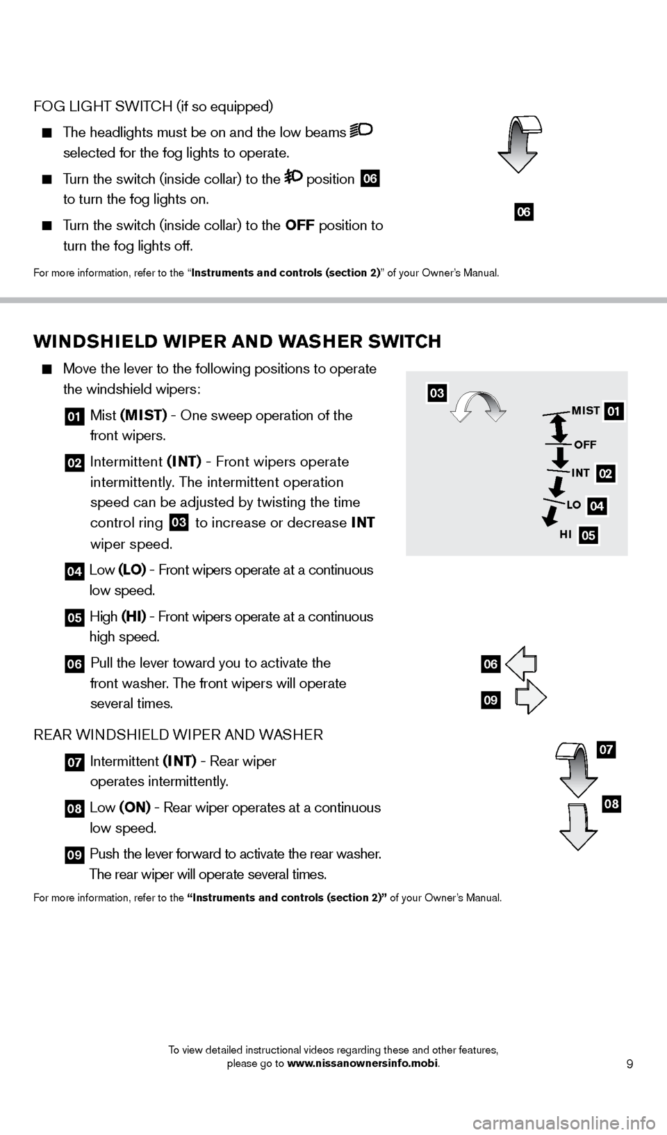 NISSAN CUBE 2014 3.G Quick Reference Guide 9
WINDSHIELD WIPER AND WASHER SWITCH
   Move the lever to the following positions to operate  
the windshield wipers: 
  01   Mist  (MIST) - One sweep operation of the   
front wipers.
  02   Intermit