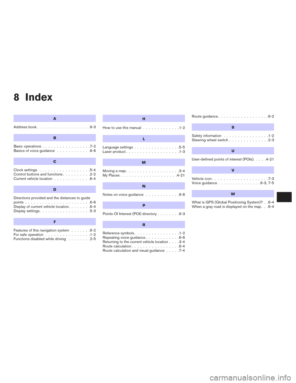 NISSAN JUKE 2014 F15 / 1.G LC1 Navigation Manual 8 Index
A
Address book...................6-3
B
Basic operations .................7-2
Basicsofvoiceguidance ............6-6
C
Clocksettings ..................5-4
Control buttons and functions .........