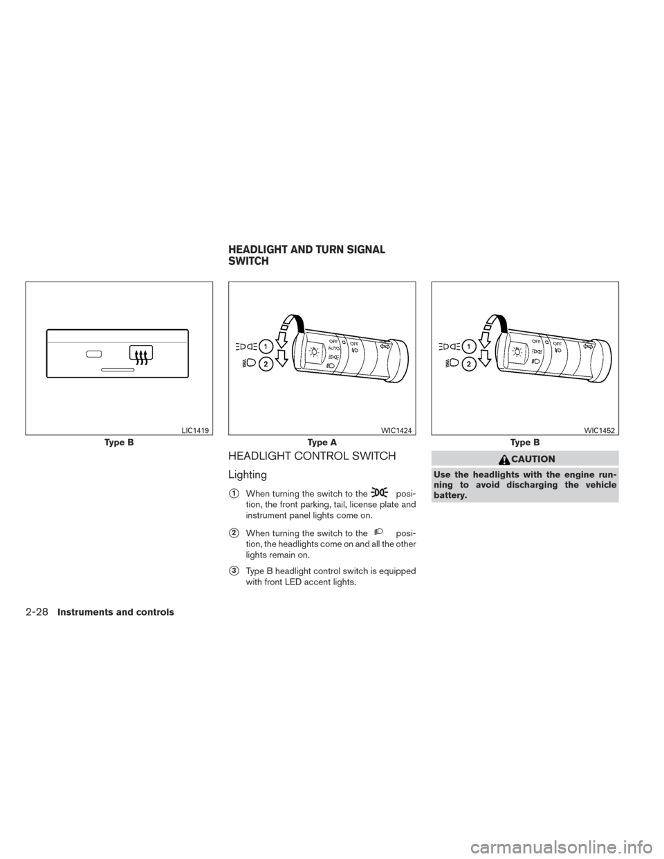 NISSAN FRONTIER 2014 D23 / 3.G Owners Manual HEADLIGHT CONTROL SWITCH
Lighting
1When turning the switch to theposi-
tion, the front parking, tail, license plate and
instrument panel lights come on.
2When turning the switch to theposi-
tion, th