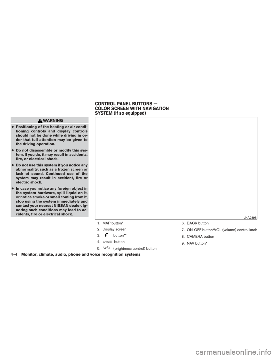 NISSAN FRONTIER 2014 D23 / 3.G Owners Manual WARNING
●Positioning of the heating or air condi-
tioning controls and display controls
should not be done while driving in or-
der that full attention may be given to
the driving operation.
● Do 