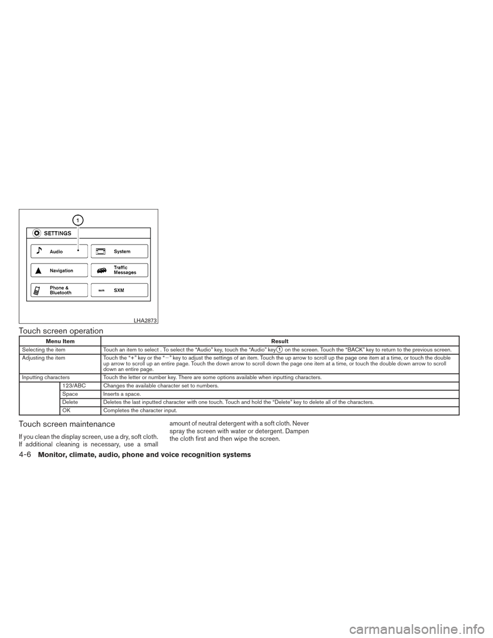 NISSAN FRONTIER 2014 D23 / 3.G User Guide Touch screen operation
Menu ItemResult
Selecting the item Touch an item to select . To select the “Audio” key, touch the “Audio” key
1on the screen. Touch the “BACK” key to return to the 