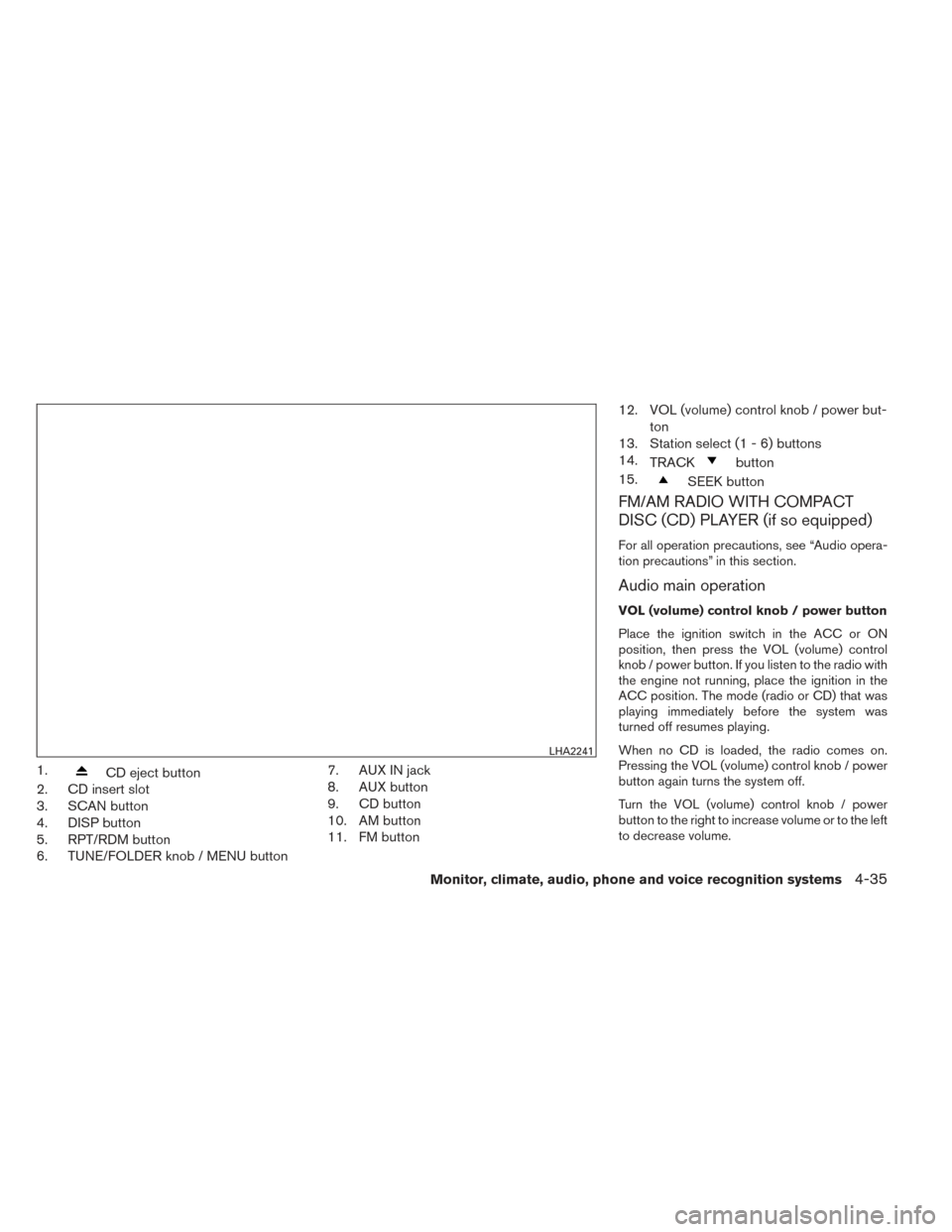 NISSAN FRONTIER 2014 D23 / 3.G Owners Manual 1.CD eject button
2. CD insert slot
3. SCAN button
4. DISP button
5. RPT/RDM button
6. TUNE/FOLDER knob / MENU button 7. AUX IN jack
8. AUX button
9. CD button
10. AM button
11. FM button12. VOL (volu