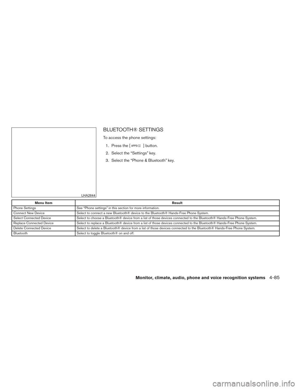 NISSAN FRONTIER 2014 D23 / 3.G Owners Manual BLUETOOTH® SETTINGS
To access the phone settings:1. Press the [
] button.
2. Select the “Settings” key.
3. Select the “Phone & Bluetooth” key.
Menu Item Result
Phone Settings See “Phone set