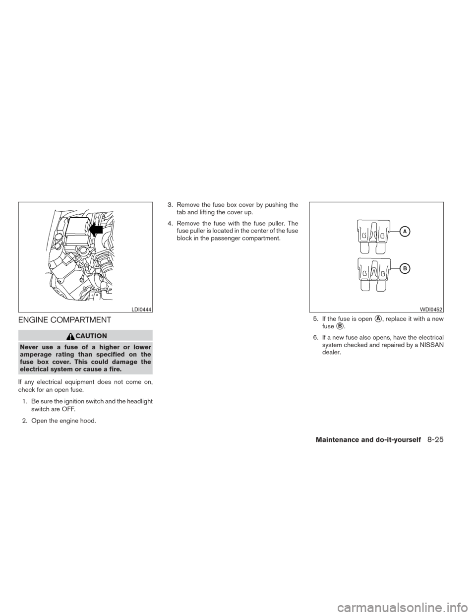 NISSAN FRONTIER 2014 D23 / 3.G Owners Manual ENGINE COMPARTMENT
CAUTION
Never use a fuse of a higher or lower
amperage rating than specified on the
fuse box cover. This could damage the
electrical system or cause a fire.
If any electrical equipm