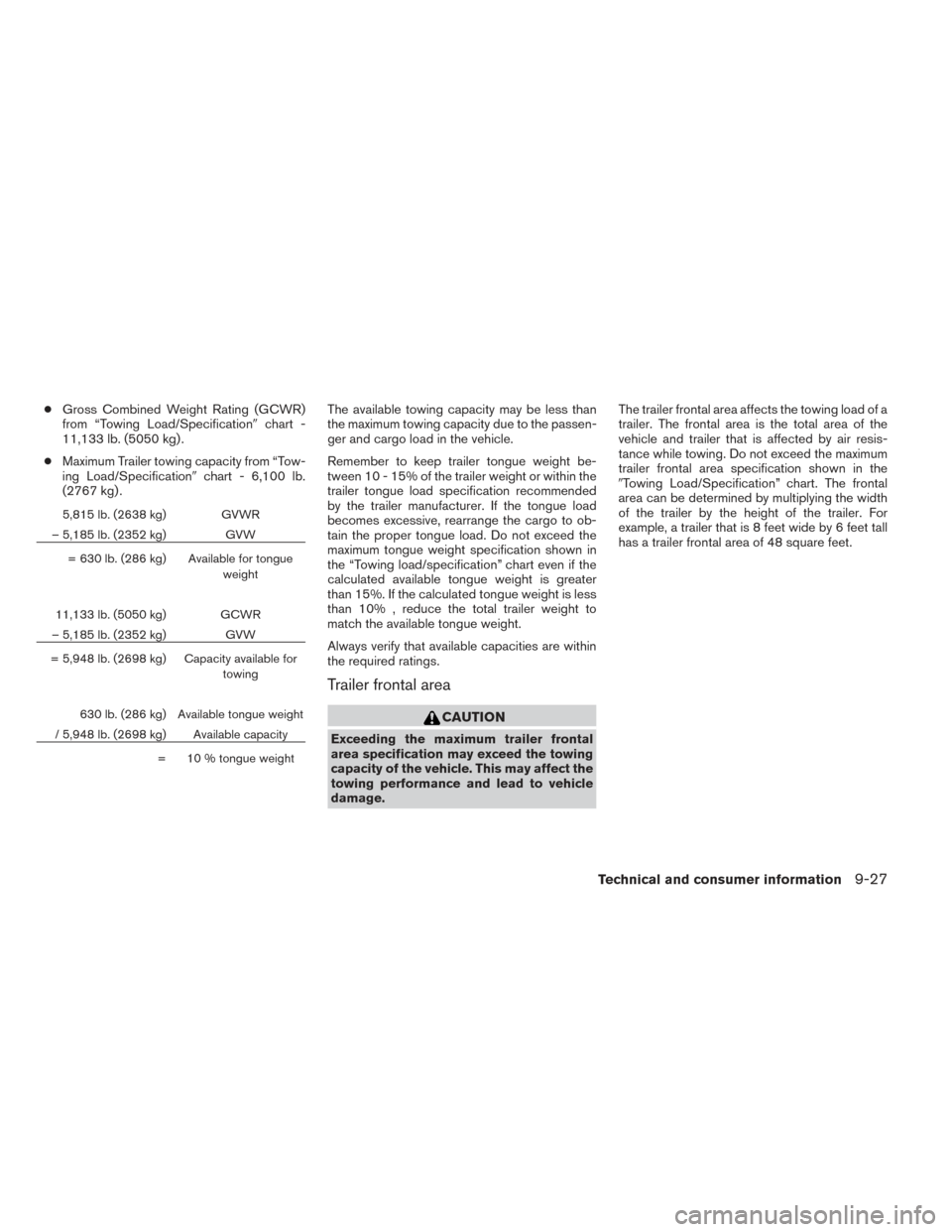 NISSAN FRONTIER 2014 D23 / 3.G User Guide ●Gross Combined Weight Rating (GCWR)
from “Towing Load/Specification chart -
11,133 lb. (5050 kg) .
● Maximum Trailer towing capacity from “Tow-
ing Load/Specification chart - 6,100 lb.
(276