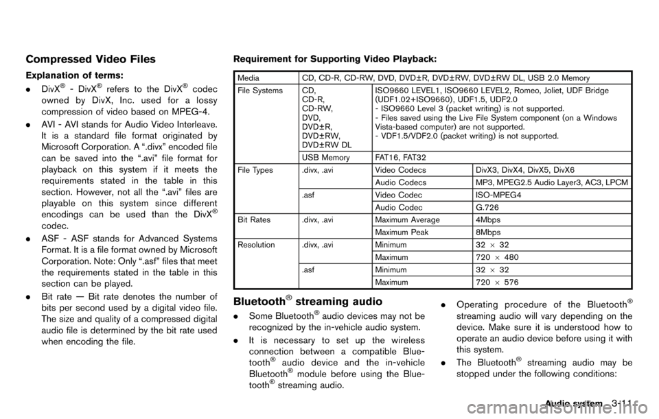 NISSAN GT-R 2014 R35 Multi Function Display Owners Manual Compressed Video Files
Explanation of terms:
.DivX®- DivX®refers to the DivX®codec
owned by DivX, Inc. used for a lossy
compression of video based on MPEG-4.
. AVI - AVI stands for Audio Video Inte