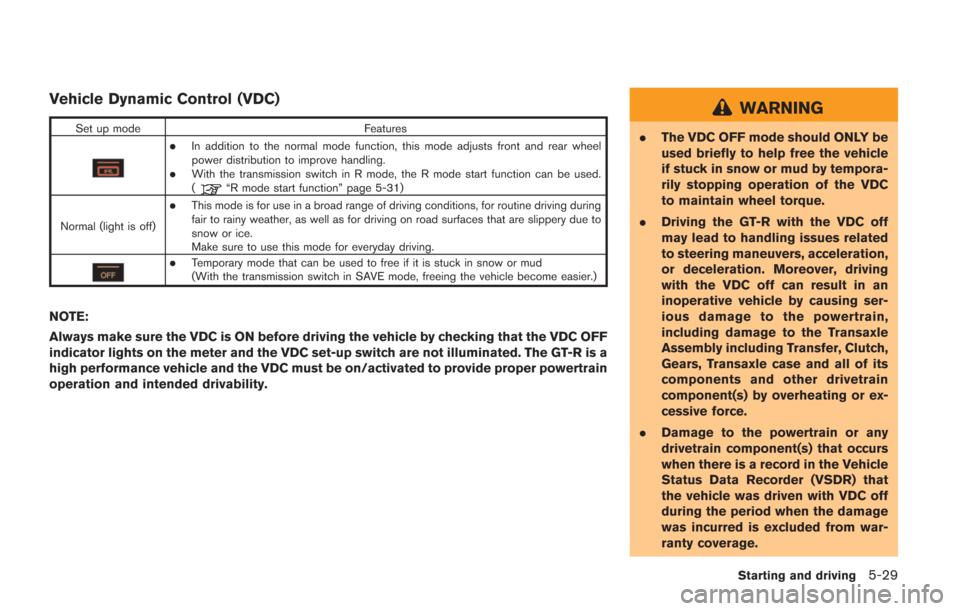 NISSAN GT-R 2014 R35 Owners Manual Vehicle Dynamic Control (VDC)
Set up modeFeatures
.In addition to the normal mode function, this mode adjusts front and rear wheel
power distribution to improve handling.
.With the transmission switch