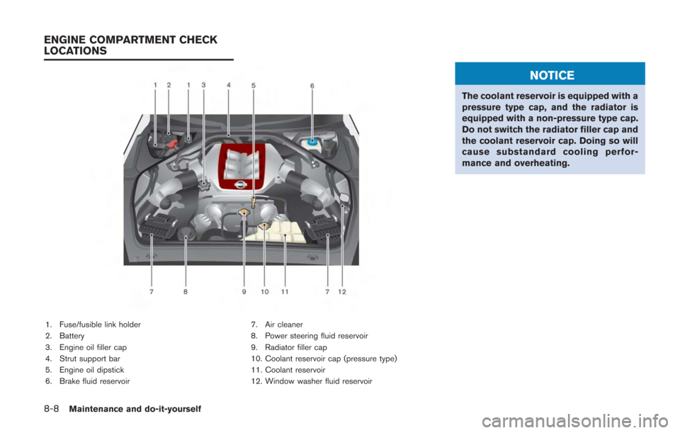 NISSAN GT-R 2014 R35 Owners Manual 8-8Maintenance and do-it-yourself
1. Fuse/fusible link holder
2. Battery
3. Engine oil filler cap
4. Strut support bar
5. Engine oil dipstick
6. Brake fluid reservoir7. Air cleaner
8. Power steering f NISSAN GT-R 2014 R35 Owners Manual 8-8Maintenance and do-it-yourself
1. Fuse/fusible link holder
2. Battery
3. Engine oil filler cap
4. Strut support bar
5. Engine oil dipstick
6. Brake fluid reservoir7. Air cleaner
8. Power steering f