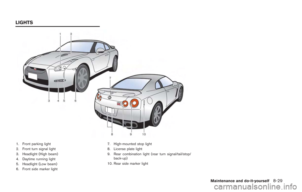 NISSAN GT-R 2014 R35 Owners Manual 1. Front parking light
2. Front turn signal light
3. Headlight (High beam)
4. Daytime running light
5. Headlight (Low beam)
6. Front side marker light7. High-mounted stop light
8. License plate light
NISSAN GT-R 2014 R35 Owners Manual 1. Front parking light
2. Front turn signal light
3. Headlight (High beam)
4. Daytime running light
5. Headlight (Low beam)
6. Front side marker light7. High-mounted stop light
8. License plate light