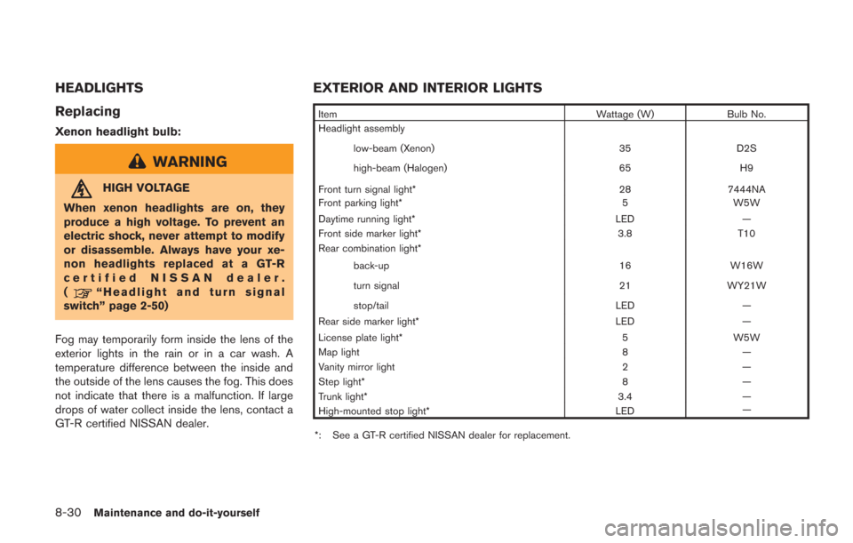 NISSAN GT-R 2014 R35 Owners Manual 8-30Maintenance and do-it-yourself
HEADLIGHTS
Replacing
Xenon headlight bulb:
WARNING
HIGH VOLTAGE
When xenon headlights are on, they
produce a high voltage. To prevent an
electric shock, never attemp