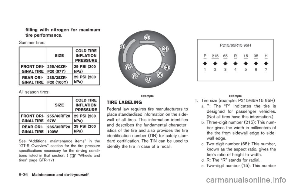 NISSAN GT-R 2014 R35 Owners Manual 8-36Maintenance and do-it-yourself
filling with nitrogen for maximum
tire performance.
Summer tires:
SIZE COLD TIRE
INFLATION
PRESSURE
FRONT ORI- GINAL TIRE 255/40ZR-
F20 (97Y) 29 PSI (200
kPa)
REAR O