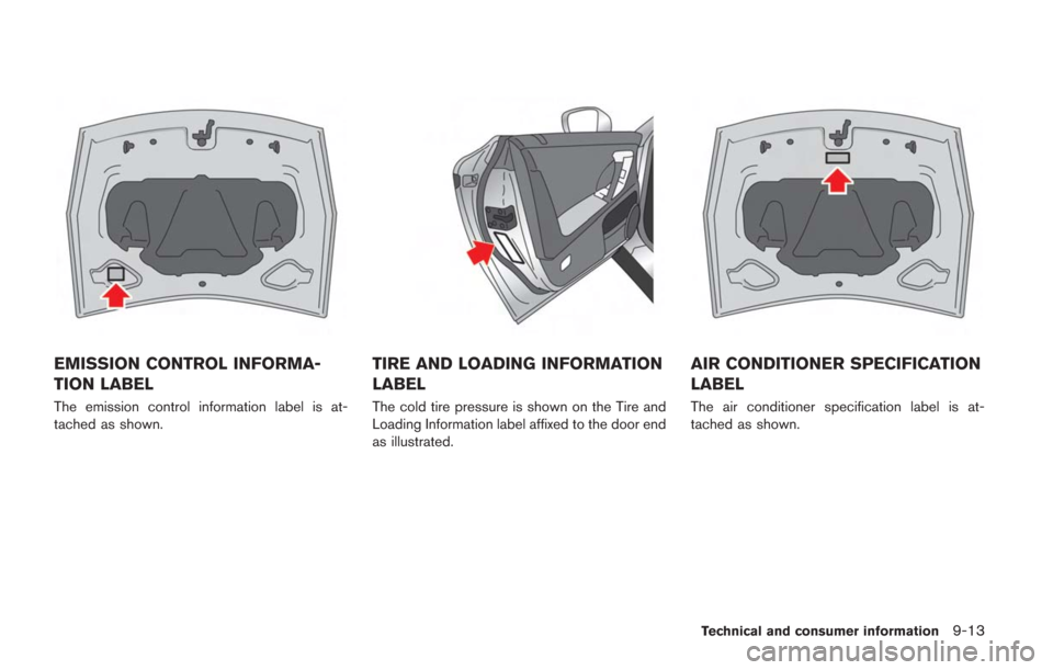 NISSAN GT-R 2014 R35 Owners Manual EMISSION CONTROL INFORMA-
TION LABEL
The emission control information label is at-
tached as shown.
TIRE AND LOADING INFORMATION
LABEL
The cold tire pressure is shown on the Tire and
Loading Informati NISSAN GT-R 2014 R35 Owners Manual EMISSION CONTROL INFORMA-
TION LABEL
The emission control information label is at-
tached as shown.
TIRE AND LOADING INFORMATION
LABEL
The cold tire pressure is shown on the Tire and
Loading Informati