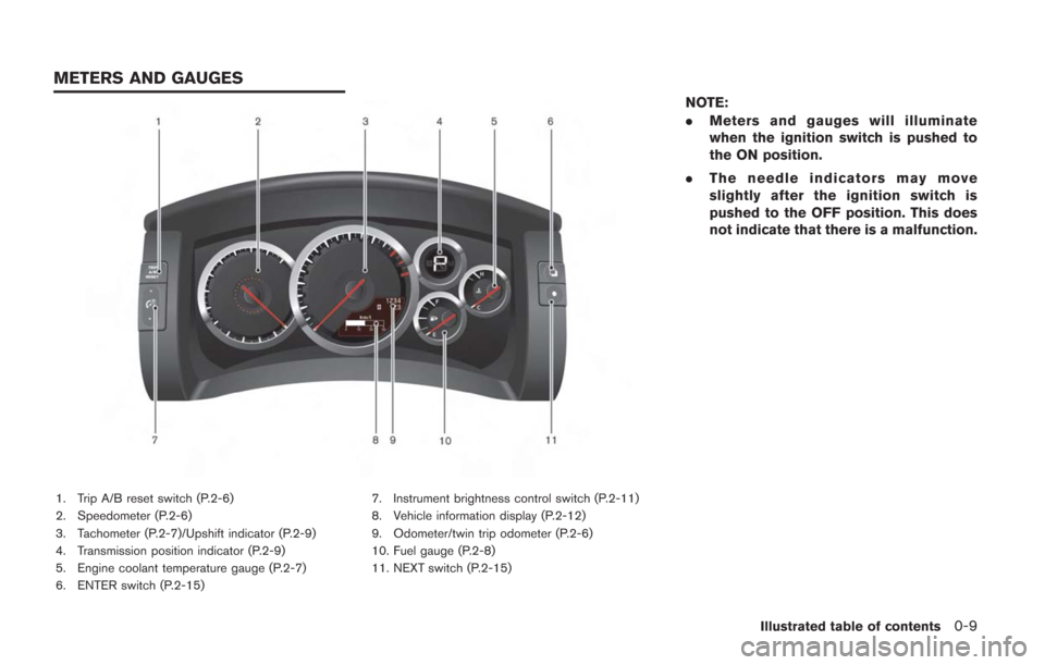 NISSAN GT-R 2014 R35 Service Manual 1. Trip A/B reset switch (P.2-6)
2. Speedometer (P.2-6)
3. Tachometer (P.2-7)/Upshift indicator (P.2-9)
4. Transmission position indicator (P.2-9)
5. Engine coolant temperature gauge (P.2-7)
6. ENTER 