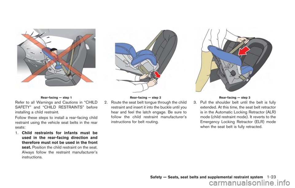 NISSAN GT-R 2014 R35 Manual PDF Rear-facing — step 1
Refer to all Warnings and Cautions in “CHILD
SAFETY” and “CHILD RESTRAINTS” before
installing a child restraint.
Follow these steps to install a rear-facing child
restra